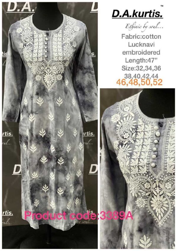 Stone Grey Women Chikankari Kurti Luckhnawi Emberoidered Kurta Partywear Plus size Dress