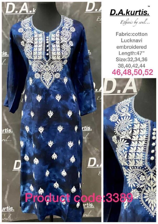 Blue Women Chikankari Kurti Luckhnawi Emberoidered Kurta Partywear Plus size Dress