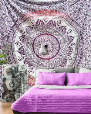 Pink-mandala-tapestry Bohemian-Queen-bedspread Vasangini Tapestries