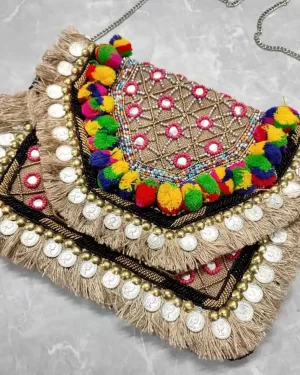 Vintage Boho-Sling-bag Multi Pom Pom Coin Mirror Beads work 12x10 in Vasangini