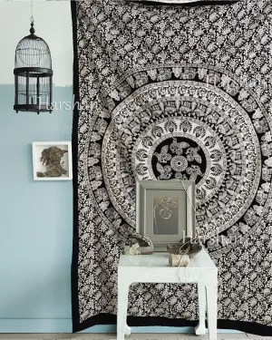 Vasangini Black and white elephant Wall tapestry twin bedspread