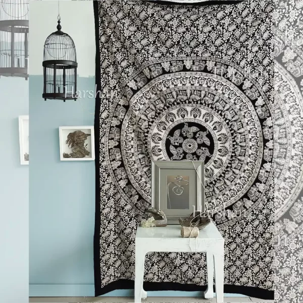 Vasangini Black and white elephant Wall tapestry twin bedspread
