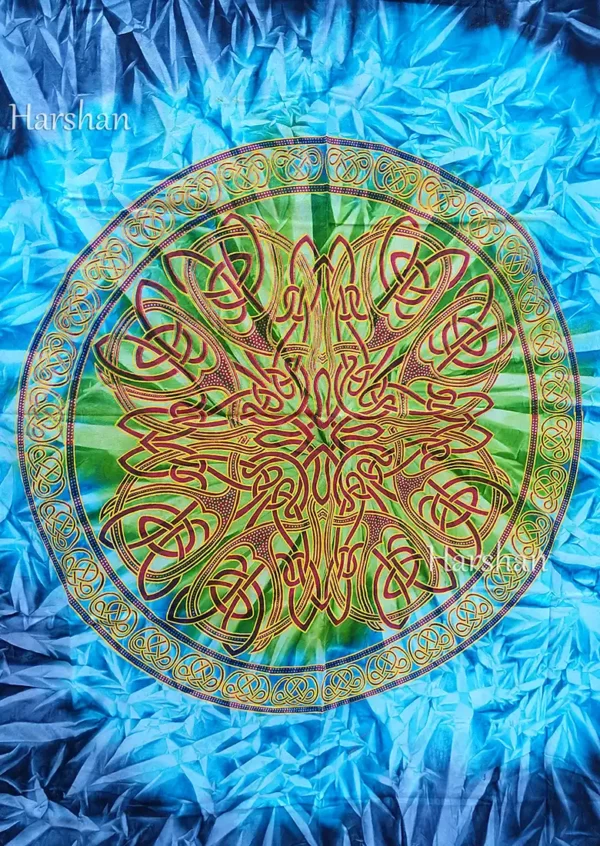 Celtic tapestry Bohemian Tie Dye Bedspread front closeup Vas