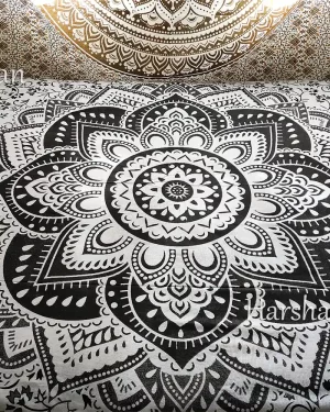 Grey-black-white-Vasangini Ombre mandala Tapestry Twin tapestries Bedding