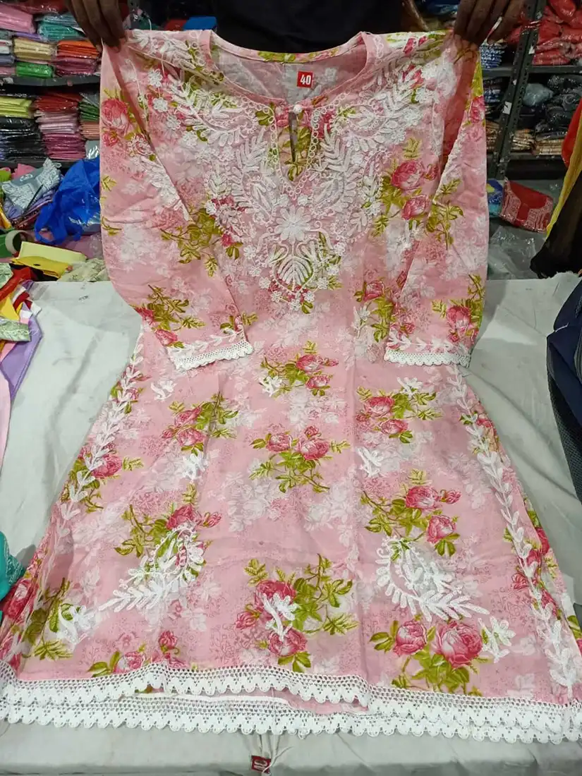 Pastel Pink Mul Mul cotton Chikankari kurti ADA Gala Booti Kurta Mul Mul cotton Vasangini Chikankari Kurta ADA Gala Booti Kurta Pastel Pink