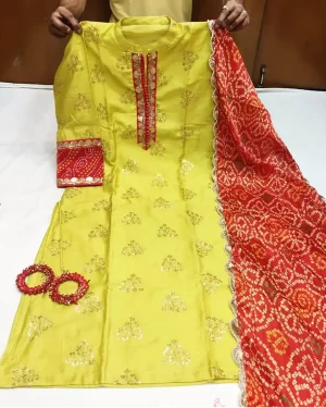 Vasangini Plus size Art silk kurti Bandhej dupatta Old Gold