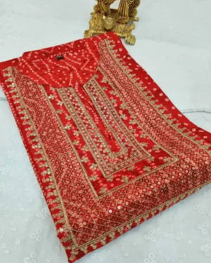 Red Plus size Bandhani kurti Women's Bandhej Kurtis sequins-work