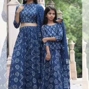 Vasangini Mother Daughter Combo Skirt Top - Indigo Blue Pure