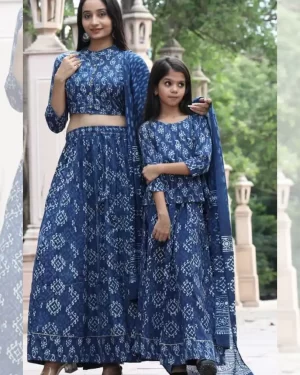 Vasangini Mother Daughter Combo Skirt Top - Indigo Blue Pure