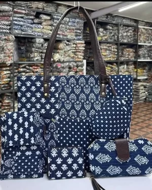 Indigo Tote bag Womens Sling handbag Mobile Wallet - 5Pc set