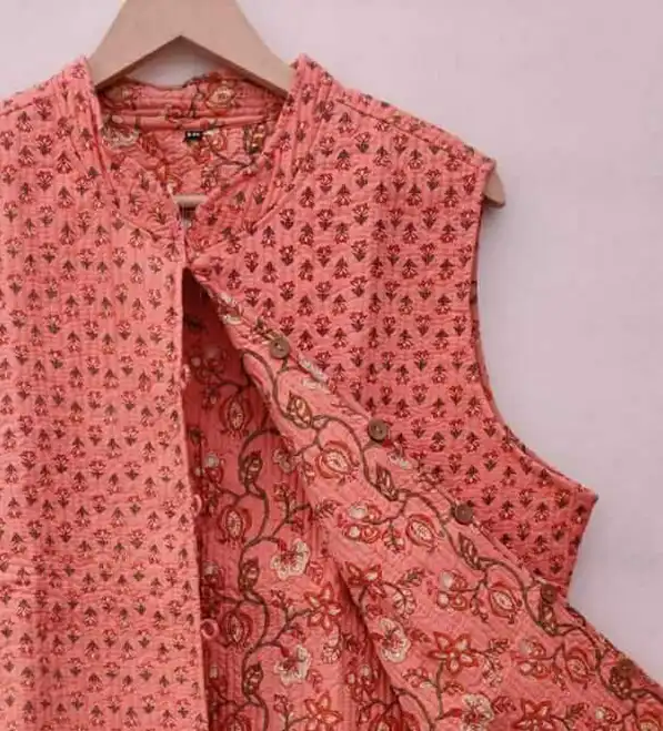 Peach Floral Reversible Sleeveless Women's Jacket closeup @Vasangini