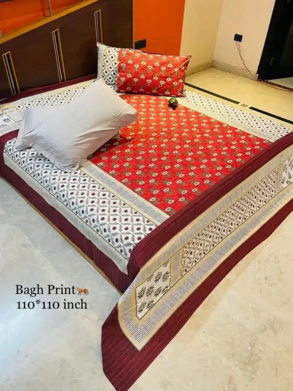 Bagh Print Bedsheet Pillow Cover Set Floral Block Antique Ruby