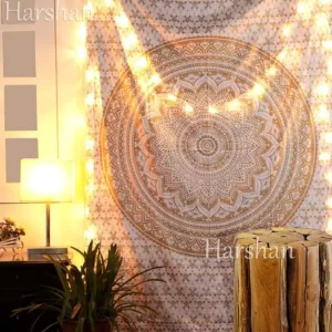 Golden Ombre Tapestry Indian Mandala Tapestry Twin Vasangini lights