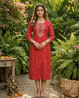 Plus Size Jaipuri Bandhani Kurti for Women Rayon Bandhej Ethnic Kurta