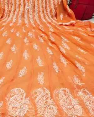 Lucknow Chikan kurti 56 kali Chikankari Anarkali georgette kurta - Peach closeup