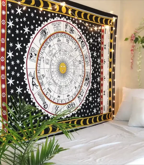 Zodian Mandala Tapestry Twin Sun Moon bed decor - Red Yellow