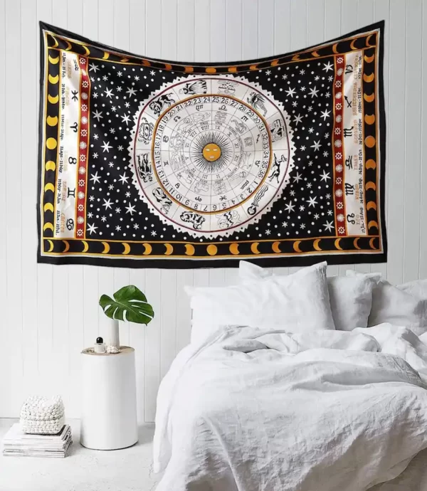 Zodian Mandala Tapestry Twin Sun Moon bed decor - Red Yellow