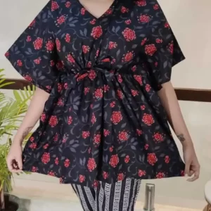 Cotton Kaftan Pant Set Women's Nightwear closeup - Black Floral