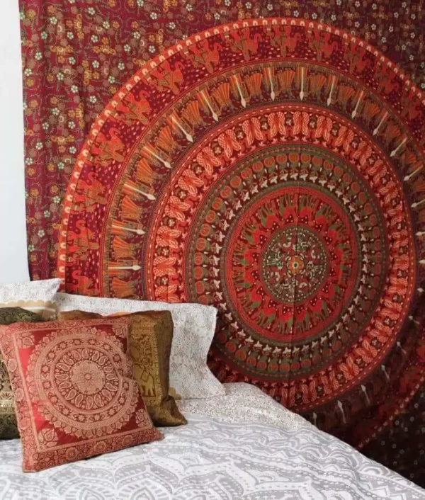 Elephant Mandala Tapestry Indian Wall Hanging Queen Bedspread - Red