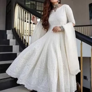 Lucknowi chikan kurti Premium Cotton kurta pant dupatta set - White