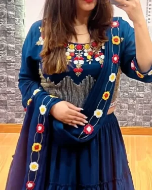 Rutba Khan Ready to Wear Lehenga Saree Skirt Pre-Draped Dupatta closeup - Prussian Blue