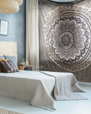 Golden Black Mandala Tapestry Queen Bedspread Hippie Wall Hanging