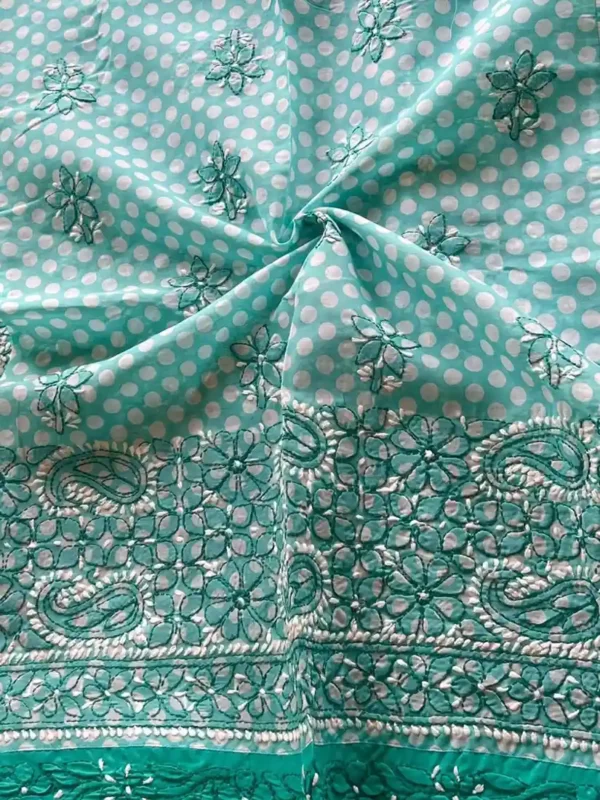 Lucknowi Embroidered Polka Dot Dupatta Suit Material Kurta Set - Teal