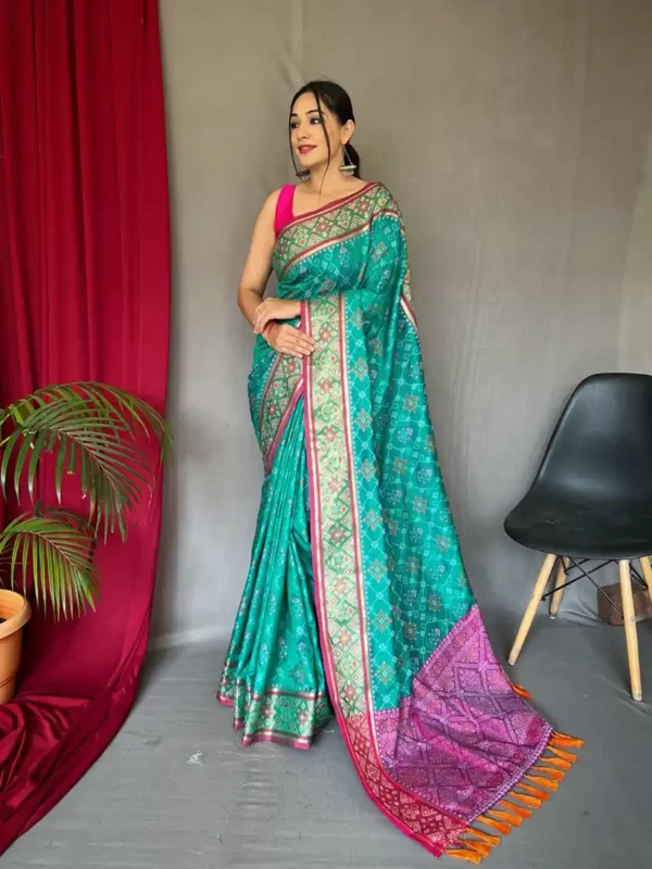 Patola Silk Saree Meenakari Print Women's Sari with Tassels Green Magenta