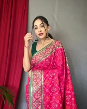 Patola Weave Women's Silk Saree Meenakari Print and Tassels Red Green