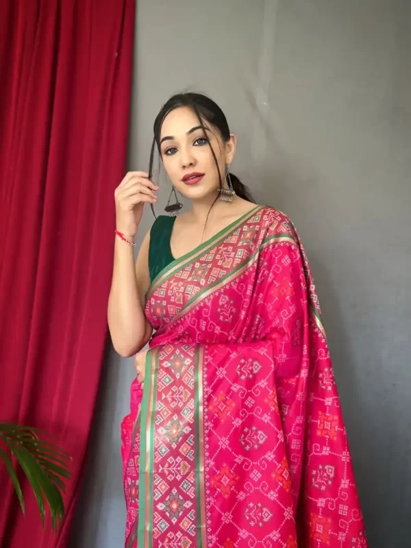 Patola Weave Women's Silk Saree Meenakari Print and Tassels Red Green
