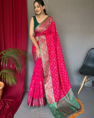 Women's Patola Silk Saree Meenakari Weave and Tassels - Red Green