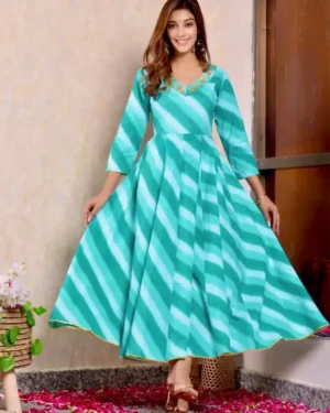 Shaded Leheriya Gown Women's Cotton Robe with Pittan Work Model - Blue Green