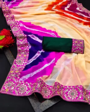 Tie Dye Georgette Leheriya Saree Heavy Sequins Rich Border Blouse - Red Purple
