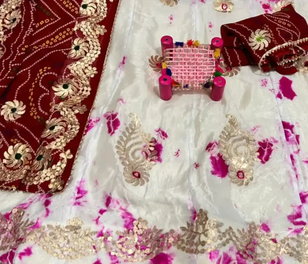 Tie Dye Jaipuri Lehenga Women's Shaded Chinon Skirt Bandhani Dupatta Set closeup - Cream Pink
