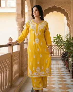 Rayon Chikankari Kurti Lucknowi Chikan Kurta Palazzo Set for Women Mustard Yellow