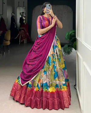 Traditional Kalamkari Print Lehenga Choli Set for Women – Elegant Festive & Garba Wear