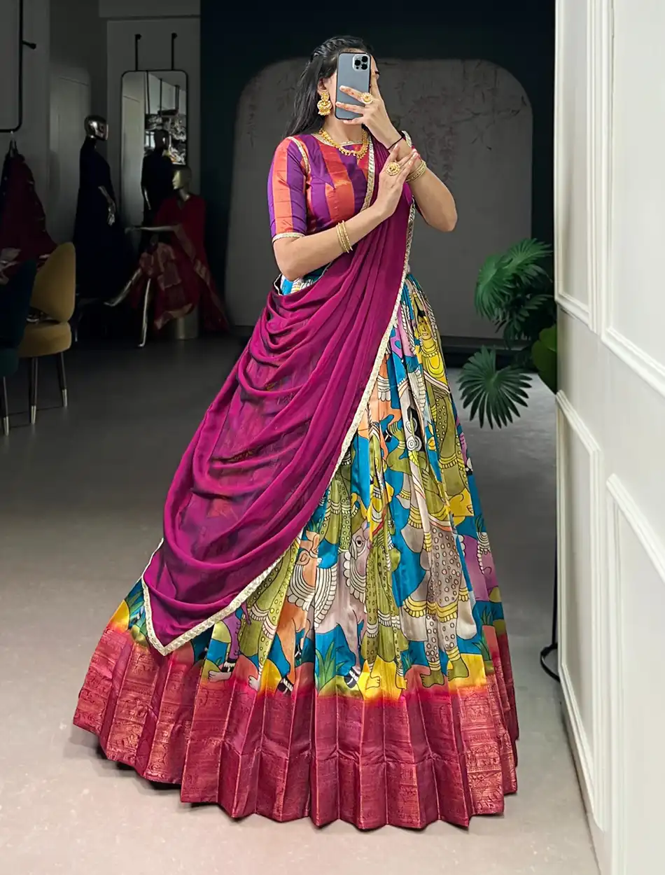 Traditional Kalamkari Print Lehenga Choli Set for Women – Elegant Festive & Garba Wear Traditional Kalamkari Print Lehenga Choli Set for Women – Elegant Festive & Garba Wear