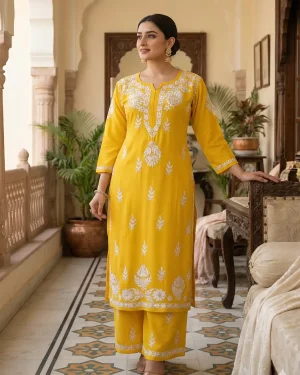 Women's Chikankari Kurti Lucknowi Chikan Kurta Palazzo Set Mustard Yellow