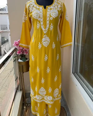 Women's Chikankari Kurti Lucknowi Chikan Kurta Palazzo Set - Mustard Yellow - Image 3