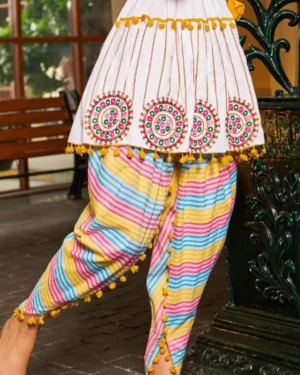Embroidered Navratri Dhoti Kurta Set for Women Kedia Top closeup 2 - Floral Mandala Stripes