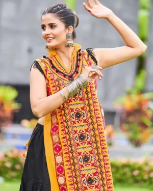 Khelaiya Skirt Embroidered Panel Women's Garba Lehenga Navratri - Black Gold Yellow