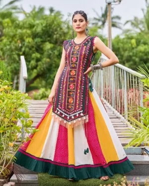 Khelayia Skirt Panel Girls Garba Lehenga for Navratri -Red Yellow