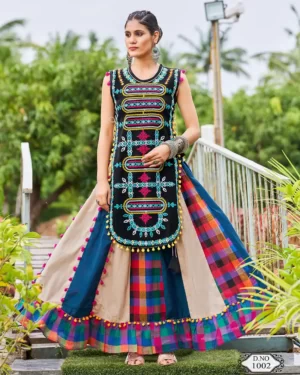 Khelayia Skirt Panel Women's Garba Lehenga for Navratri - Blue Multi Checks