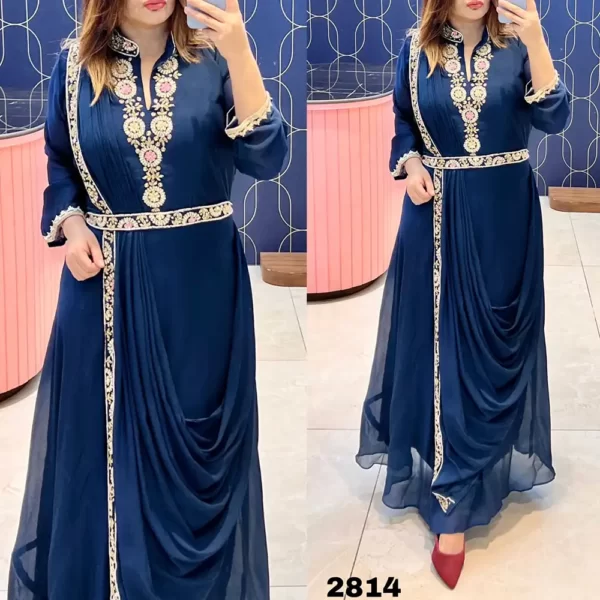 Rutba Khan Designer Sari Style Gown Ready to Drape Dupatta - Prussian Blue