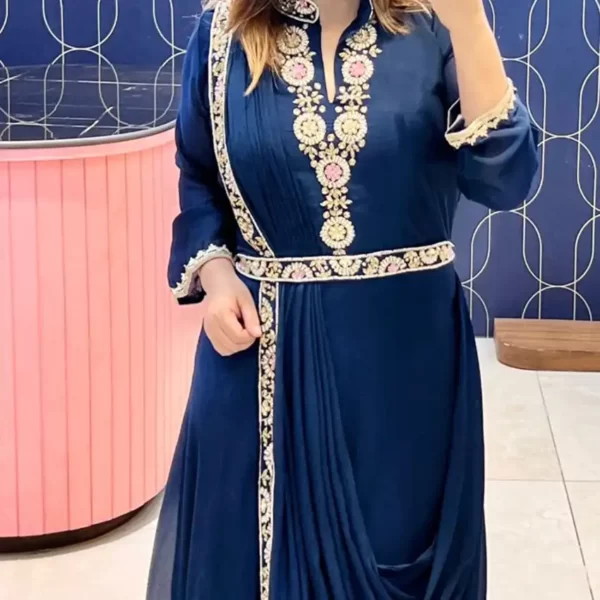 Rutba Khan Designer Sari Style Gown Ready to Drape Dupatta closeup - Prussian Blue