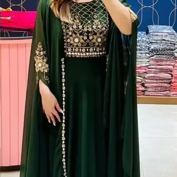 Rutba Khan Indo Western Kaftaan Dress Georgette Kurti for Women closeup - Green