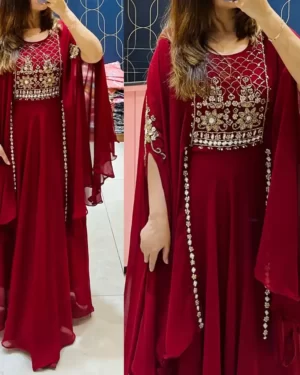 Rutba Khan Indo Western Kaftaan Look Dress Georgette Kurti - Wine Red