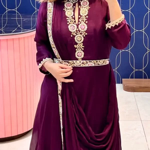 Rutba Khan Indo Western Saree Style Gown Ready to Drape closeup - Wine Berry