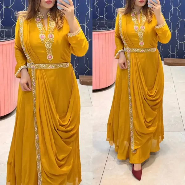 Rutba Khan Indo Western Sari Style Gown Draped Dupatta - Pirate Gold