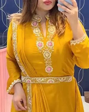 Rutba Khan Indo Western Sari Style Gown Draped Dupatta closeup 2- Pirate Gold